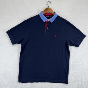 Nautica Polo Shirt Mens Large Navy Blue Light Blue Collar Red‎ Trim Sail Logo